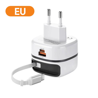 65W Fast USB-C Charger & Retractable Cable Adapter for Laptop and Phone
