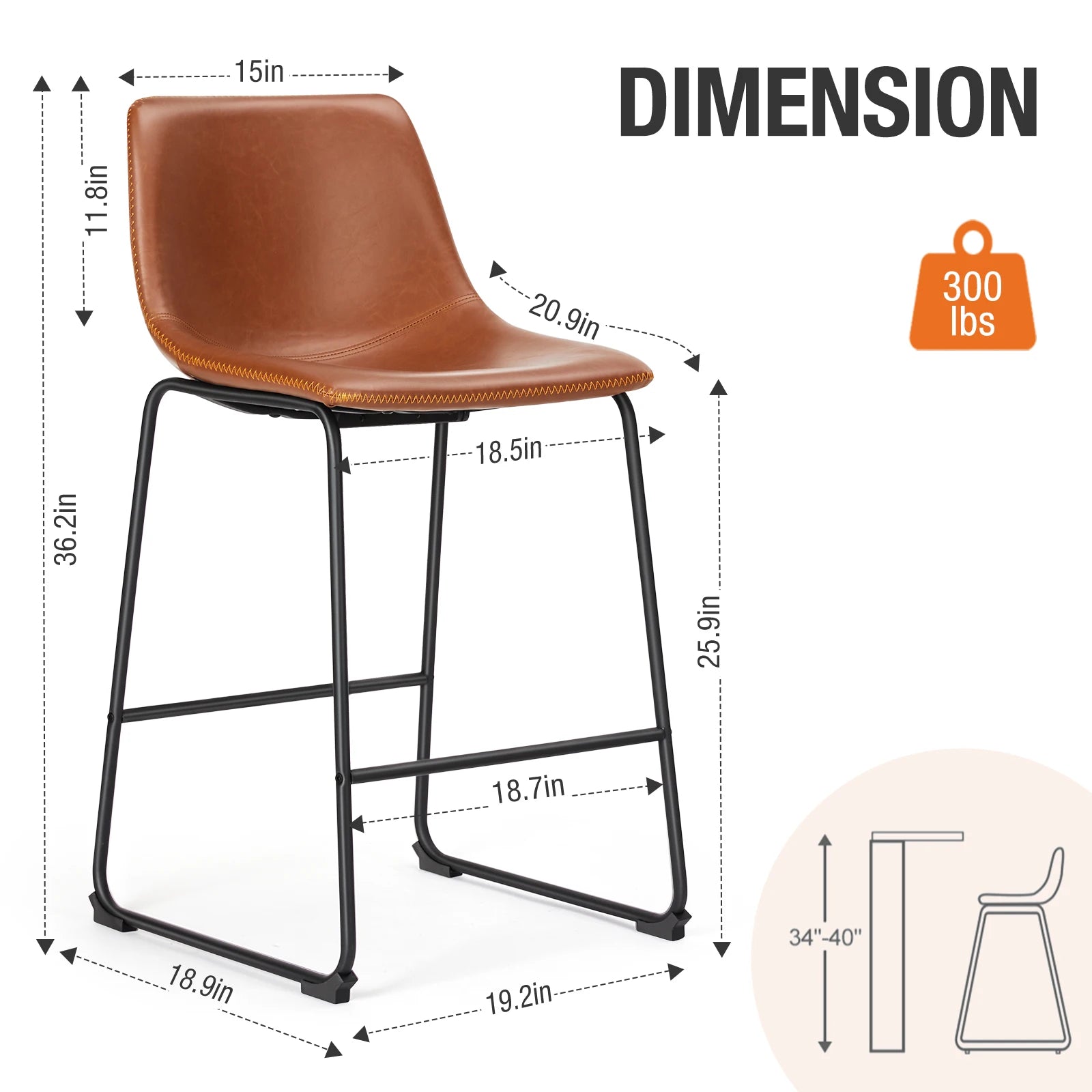 Modern Faux Leather Bar Stools - Set of 2 Counter Height Kitchen Chairs - 14