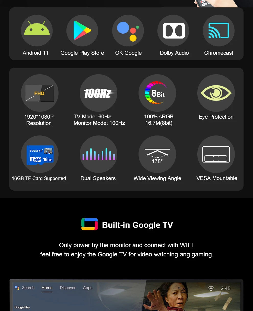 18.5" Smart Portable Touch Monitor with Google TV & Built-in Streaming - 9