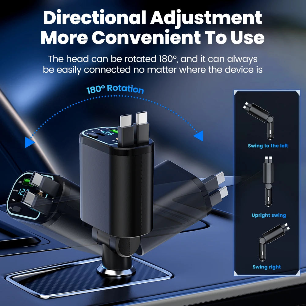 4-in-1 Retractable 100W Fast Car Charger with LED Starlight & Display