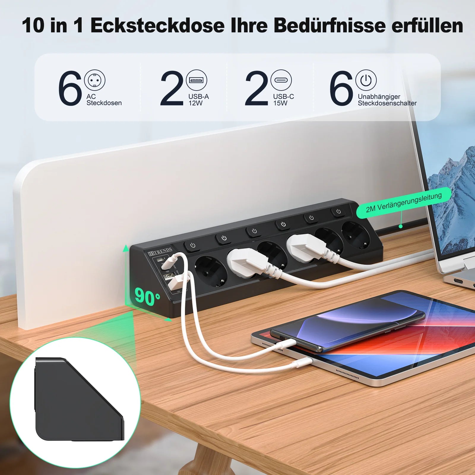 6-Outlet European Power Strip with 4 USB Fast Charging Ports & 2m Cord - 1