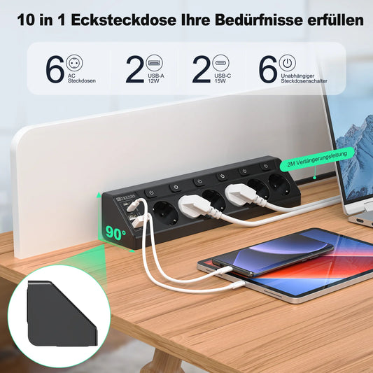 6-Outlet European Power Strip with 4 USB Fast Charging Ports & 2m Cord