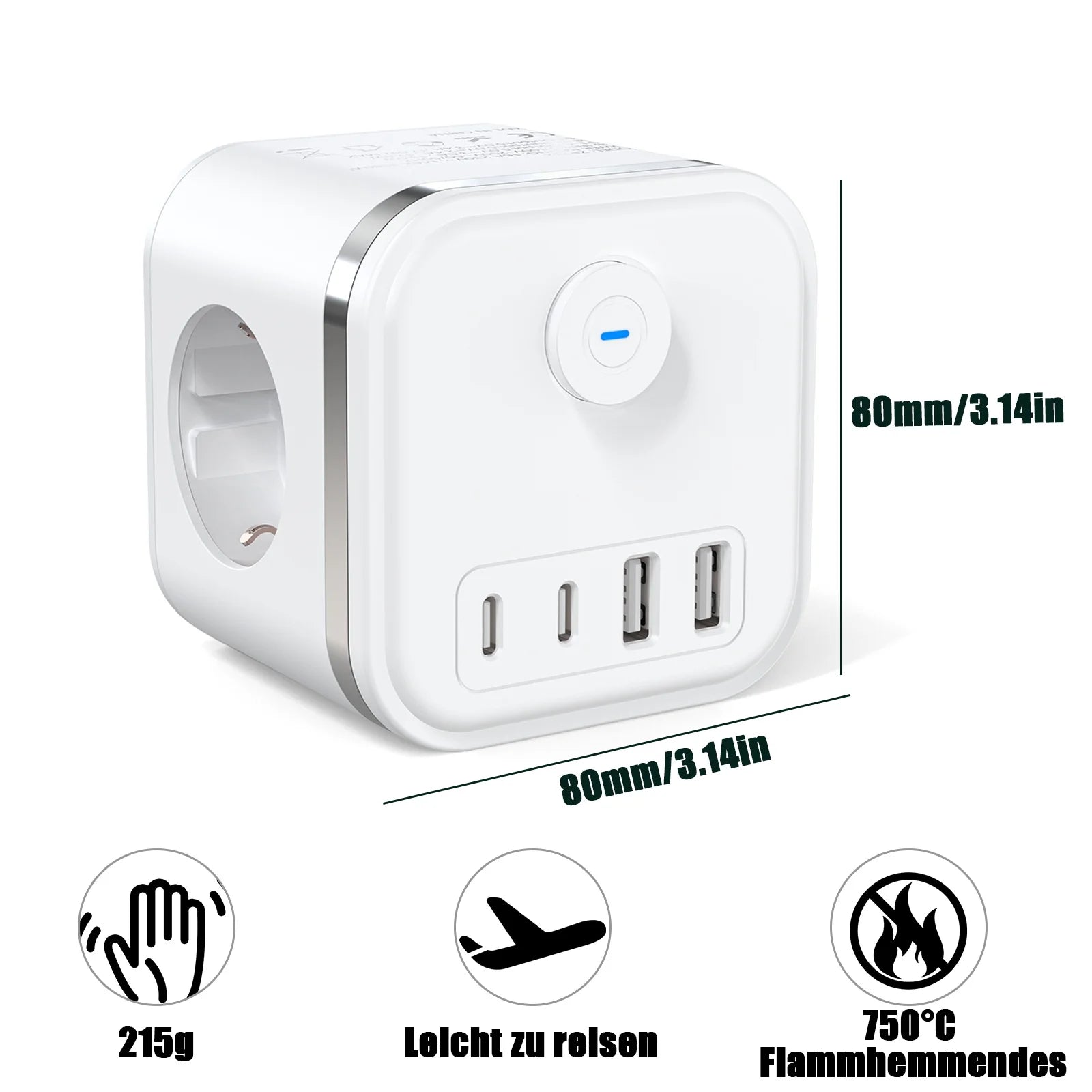 7-in-1 European Power Strip Cube with 4 USB/Type-C Fast Charging Ports - 10