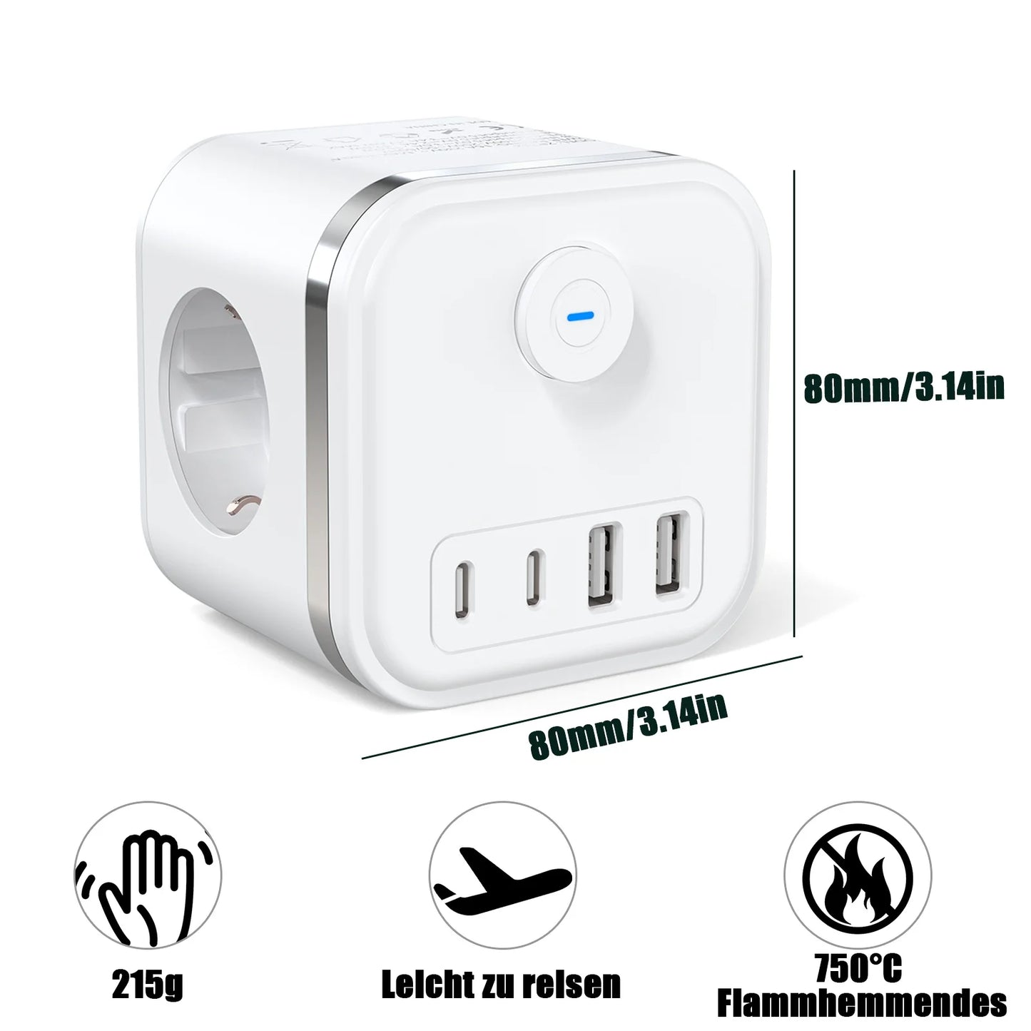 7-in-1 European Power Strip Cube with 4 USB/Type-C Fast Charging Ports