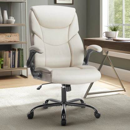 Ergonomic PU Leather Office Desk Chair with Flip-Up Arms & Lumbar Support