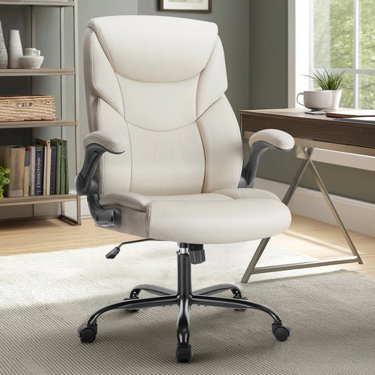 Ergonomic PU Leather Office Desk Chair with Flip-Up Arms & Lumbar Support