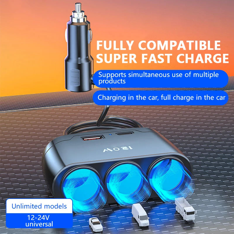 120W 3-Way Car Cigarette Lighter Splitter with USB & PD Fast Charging - 10