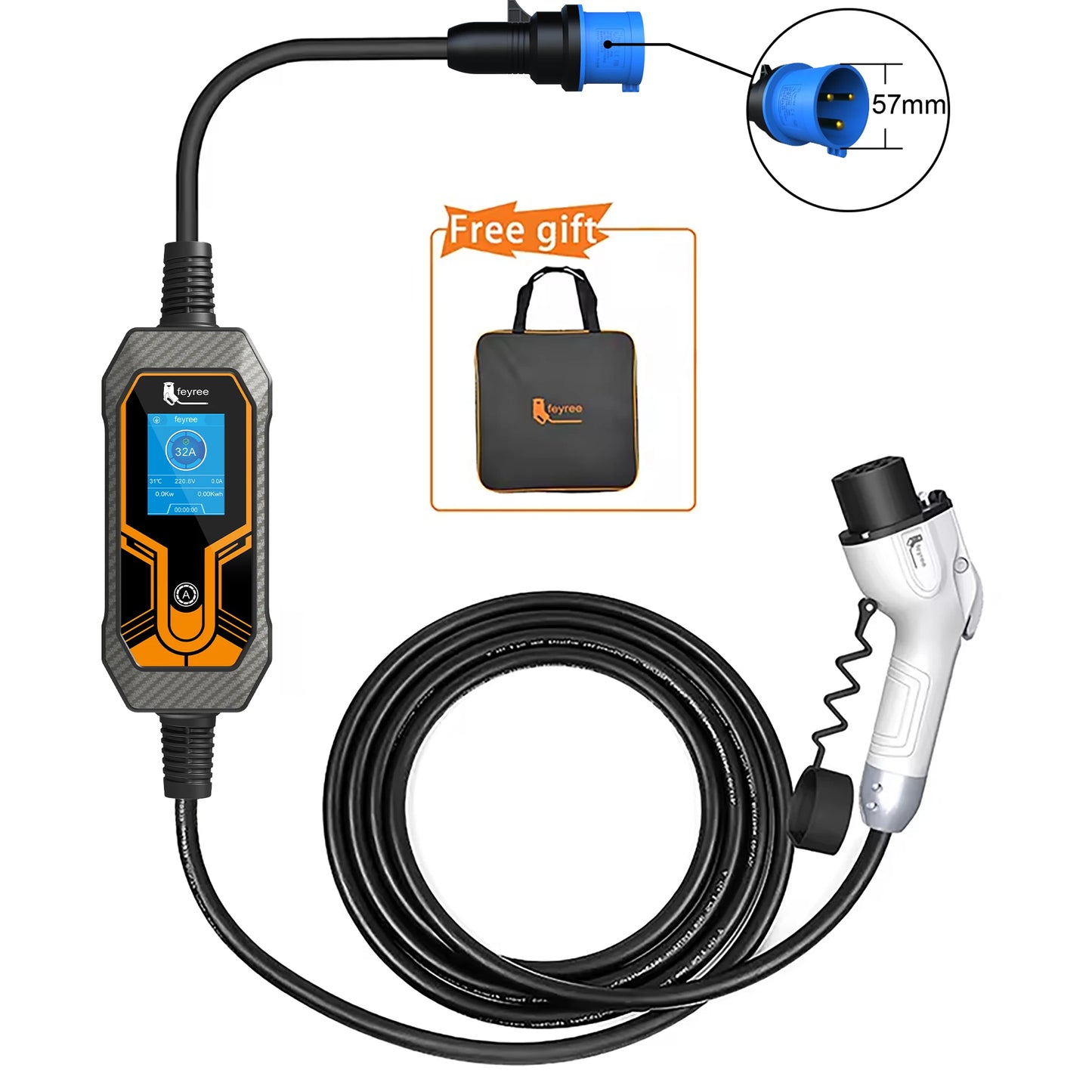 7KW Portable EV Charger - Adjustable 32A Charging Cable for Electric Cars