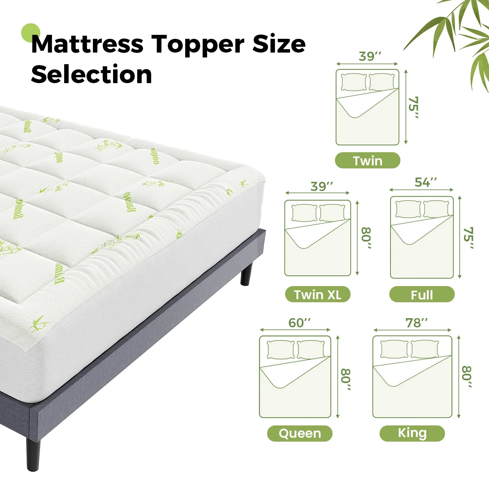 Bamboo Fiber Cooling Mattress Topper - Breathable Deep Pocket Mattress Pad - 6