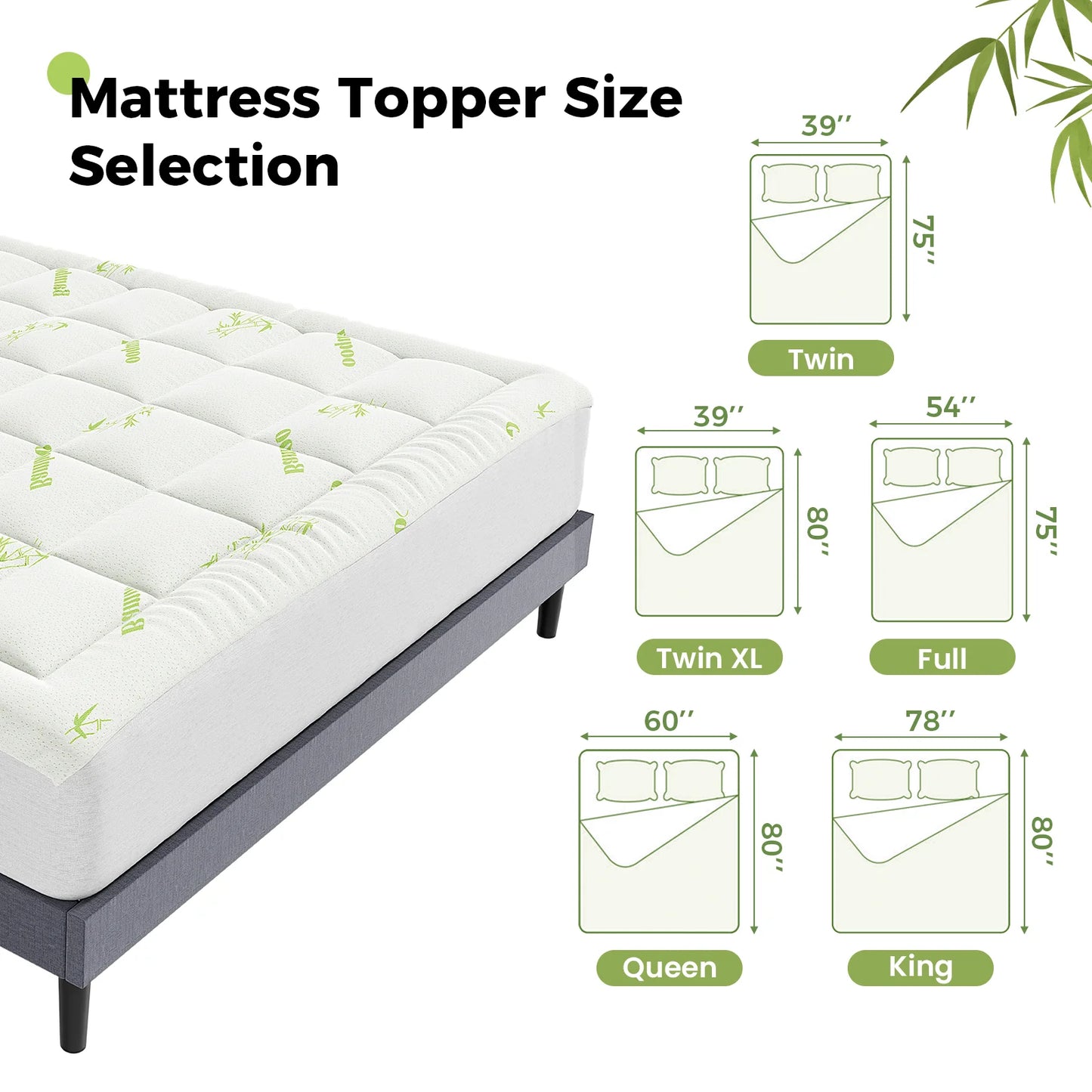 Bamboo Fiber Cooling Mattress Topper - Breathable Deep Pocket Mattress Pad