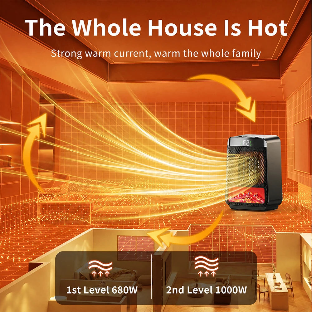 Portable Electric Ceramic Space Heater with Ambient Flame Light & Timer