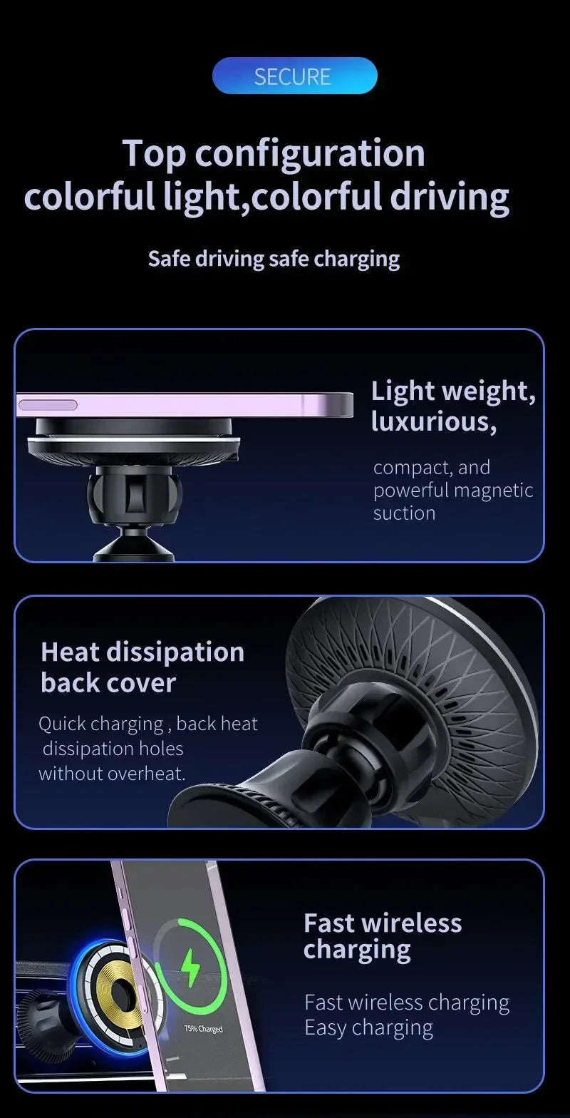 Magnetic Wireless Car Charger for iPhone 15/14/13/12 with RGB LED Light - 15