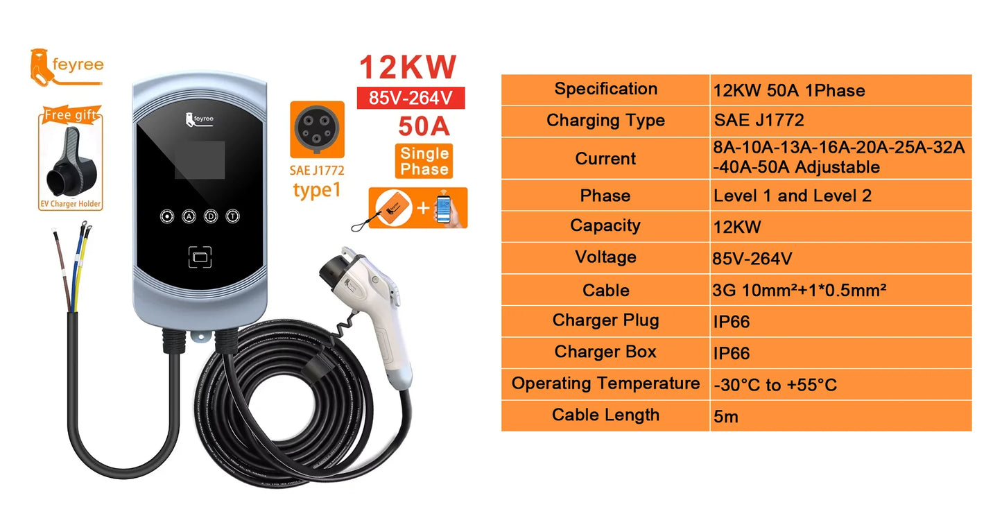 Smart Type 1 EV Wallbox Charger - 7.6kW to 12kW Fast Home Charging Station