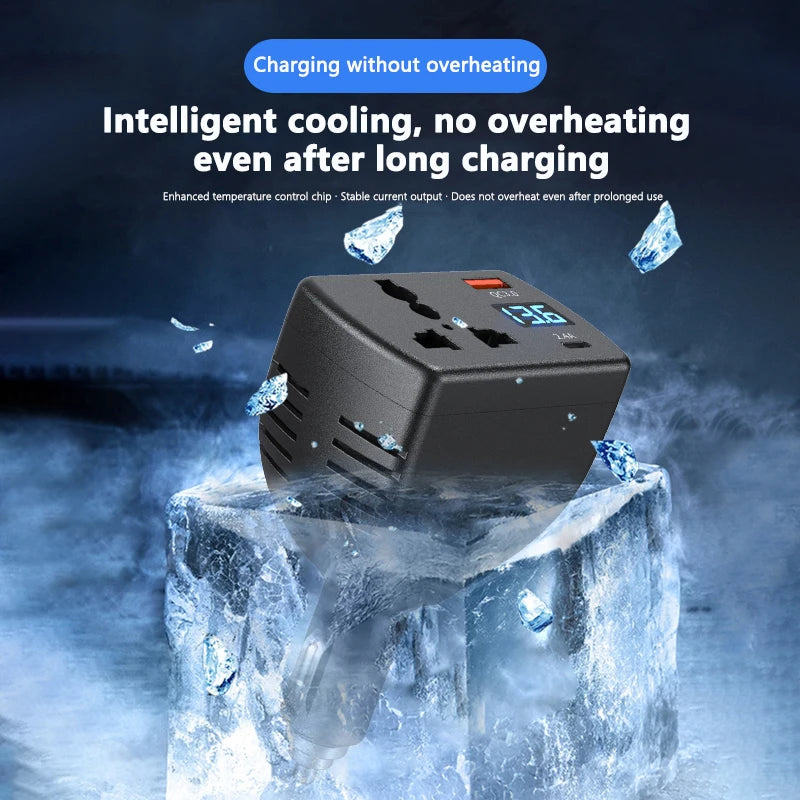 150W Car Power Inverter 12V/24V to 220V with Fast USB Charger & Voltage Monitor - 3