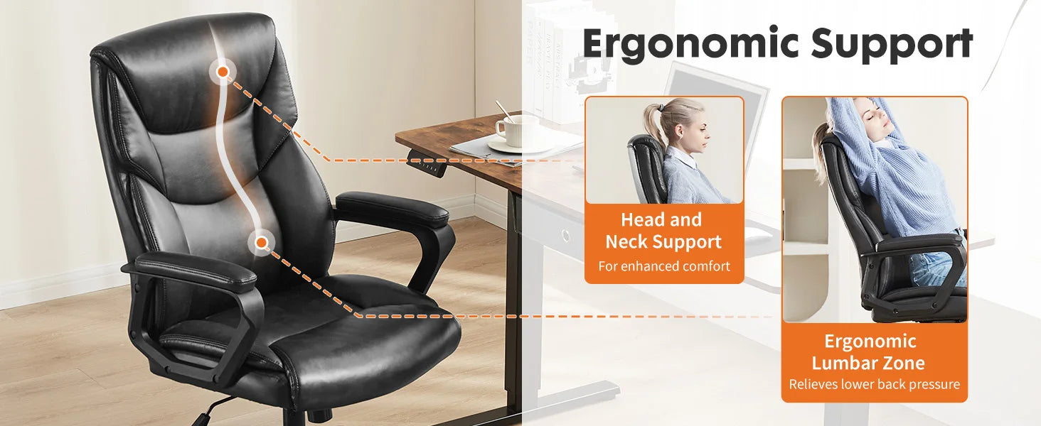 Ergonomic PU Leather Office Desk Chair with Flip-Up Arms & Lumbar Support - 7