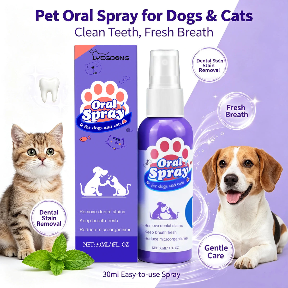 Pet Dental Oral Care Spray for Dogs and Cats - Fresh Breath & Teeth Cleaning