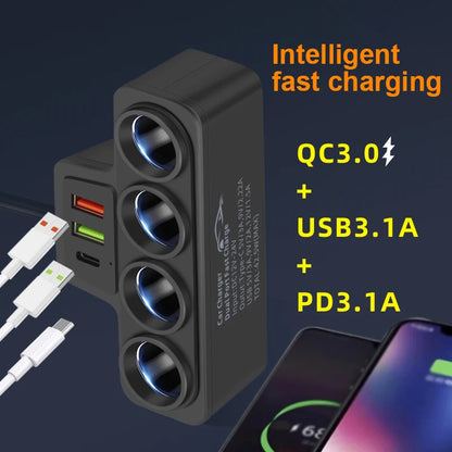 120W Super Fast Car Charger with 4-Port USB C Multi-Device Adapter