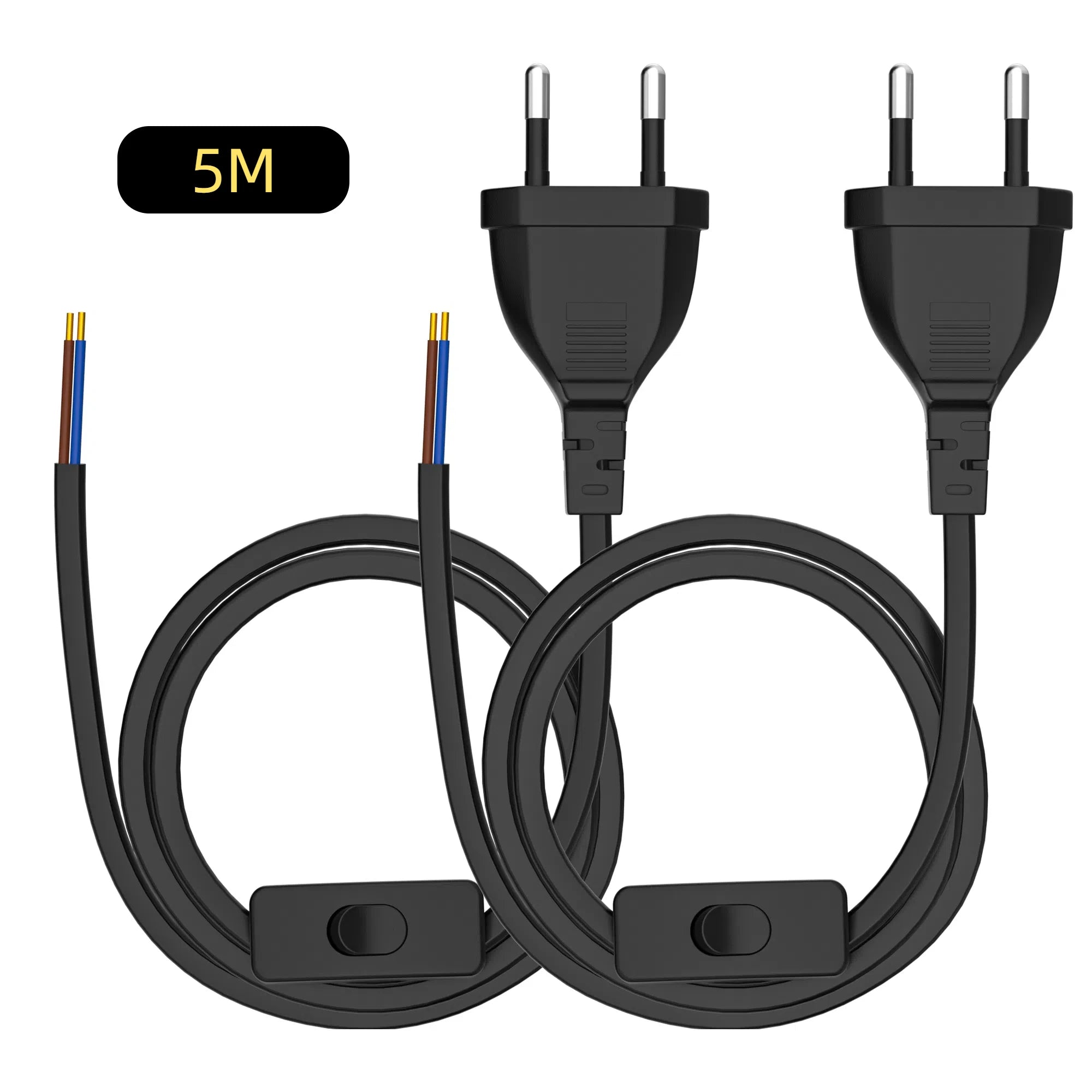 European Standard Power Cord with Switch - 2-Pin DIY Extension Cable - 15