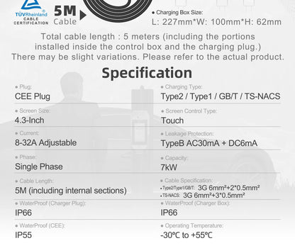 Portable 7kW EV Charger with 4.3" Touchscreen & Smart WiFi App Control