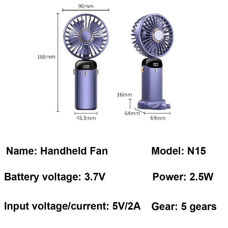 Portable 5-Speed Handheld & Neck Fan with Phone Stand & LED Display - 5