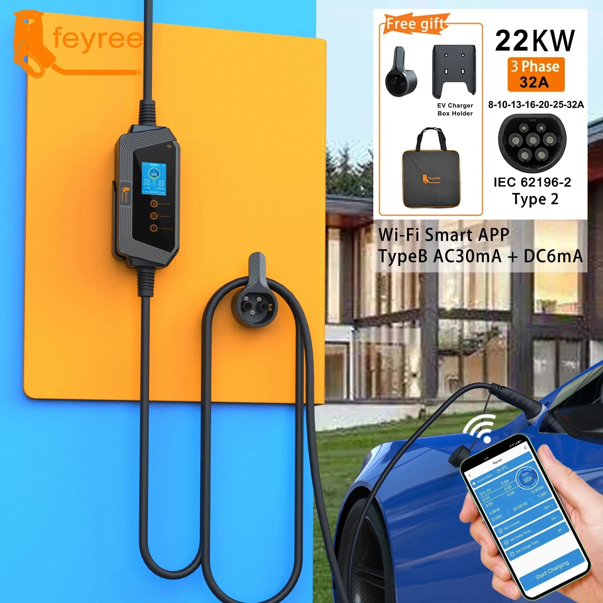 22KW 3-Phase Portable Type 2 EV Charger with App Control & Wi-Fi - 5