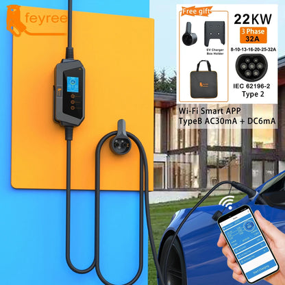 22KW 3-Phase Portable Type 2 EV Charger with App Control & Wi-Fi