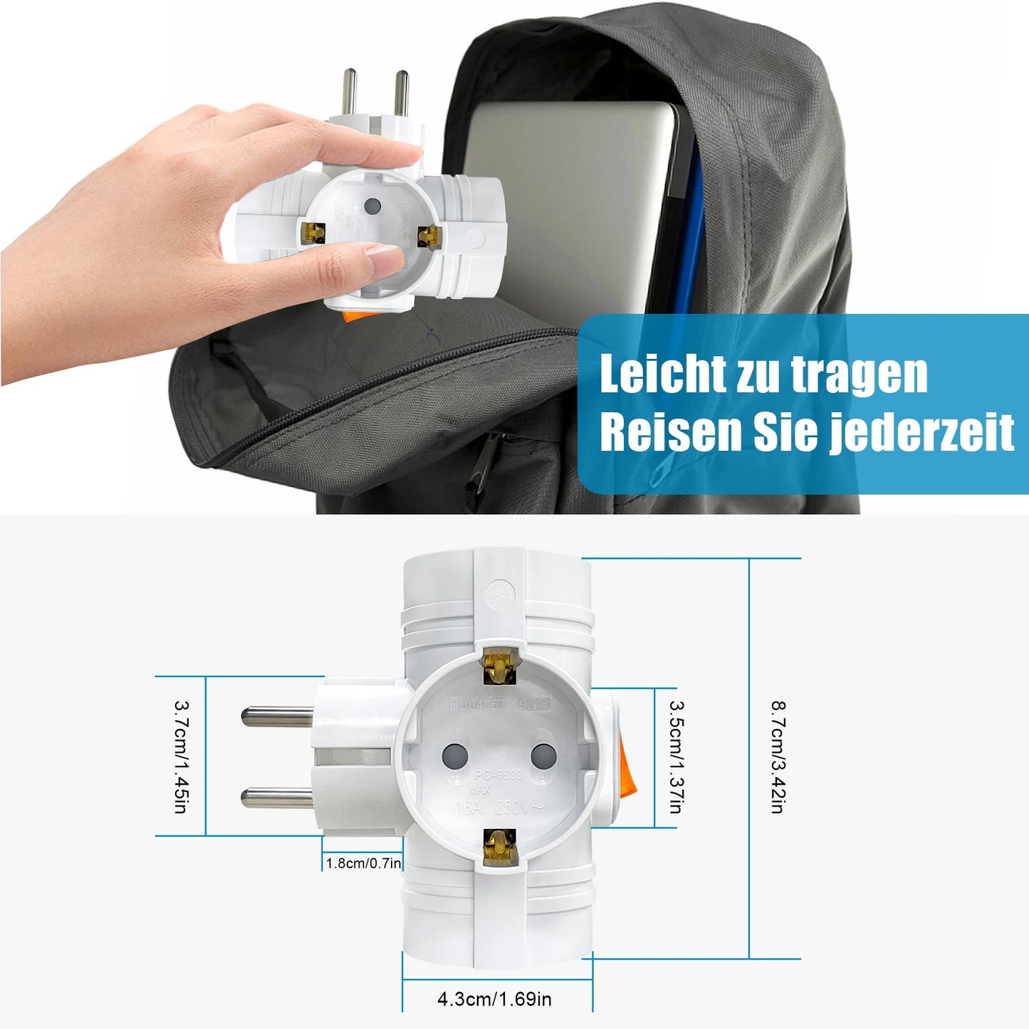 3-Way EU Plug Adapter - 250V 16A Power Socket Extender for Home & Travel