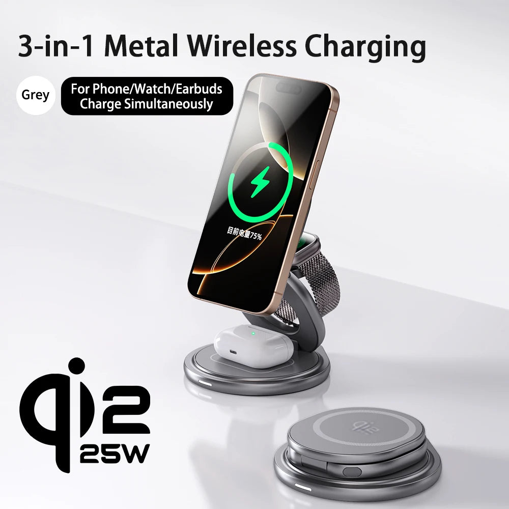 Qi2.2 25W 3-in-1 Magnetic Wireless Charging Station for iPhone & Watch - 13