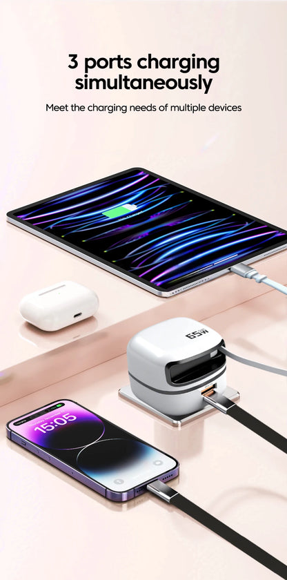 65W Fast USB-C Charger & Retractable Cable Adapter for Laptop and Phone