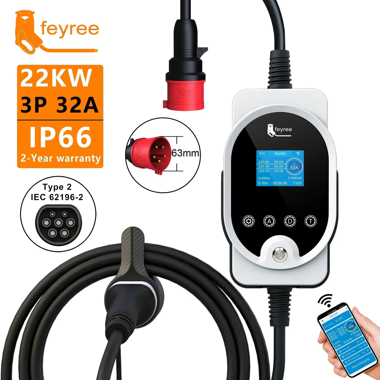 Smart Type 2 EV Charger: 7kW/11kW/22kW Portable & Wall-Mount Charging Station