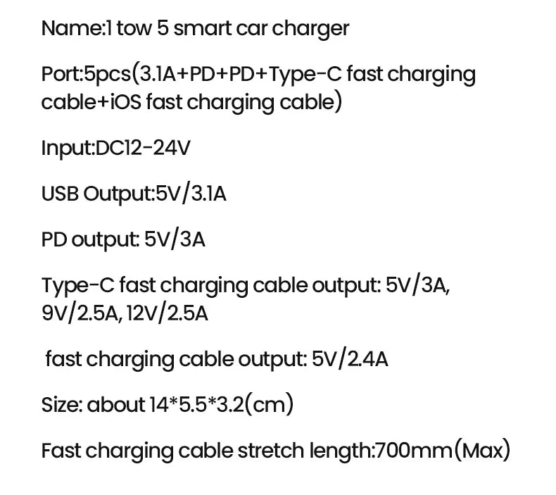 5-in-1 Retractable Fast Car Charger with LED Display - 120W Multi-Port