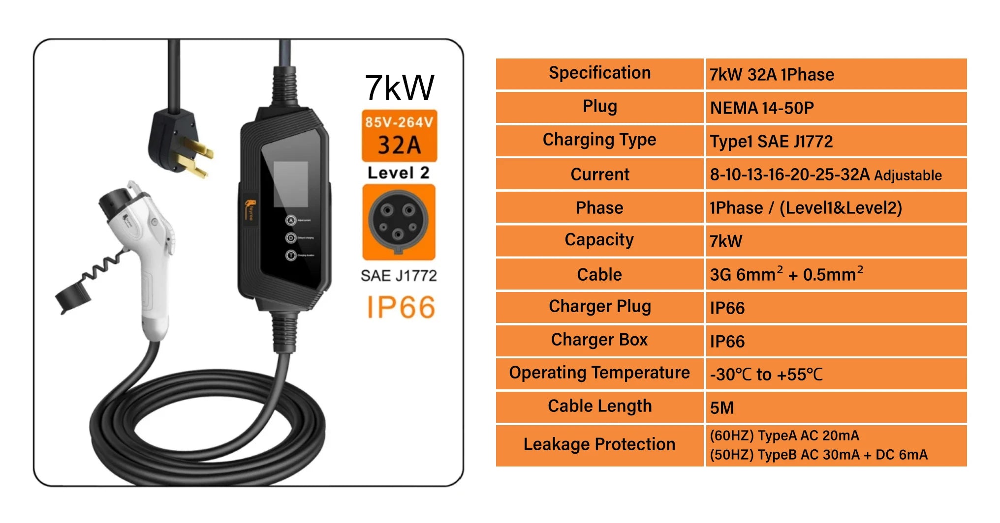 7kW Portable EV Charger Level 2 J1772 Electric Vehicle Charging Cable 32A - 8
