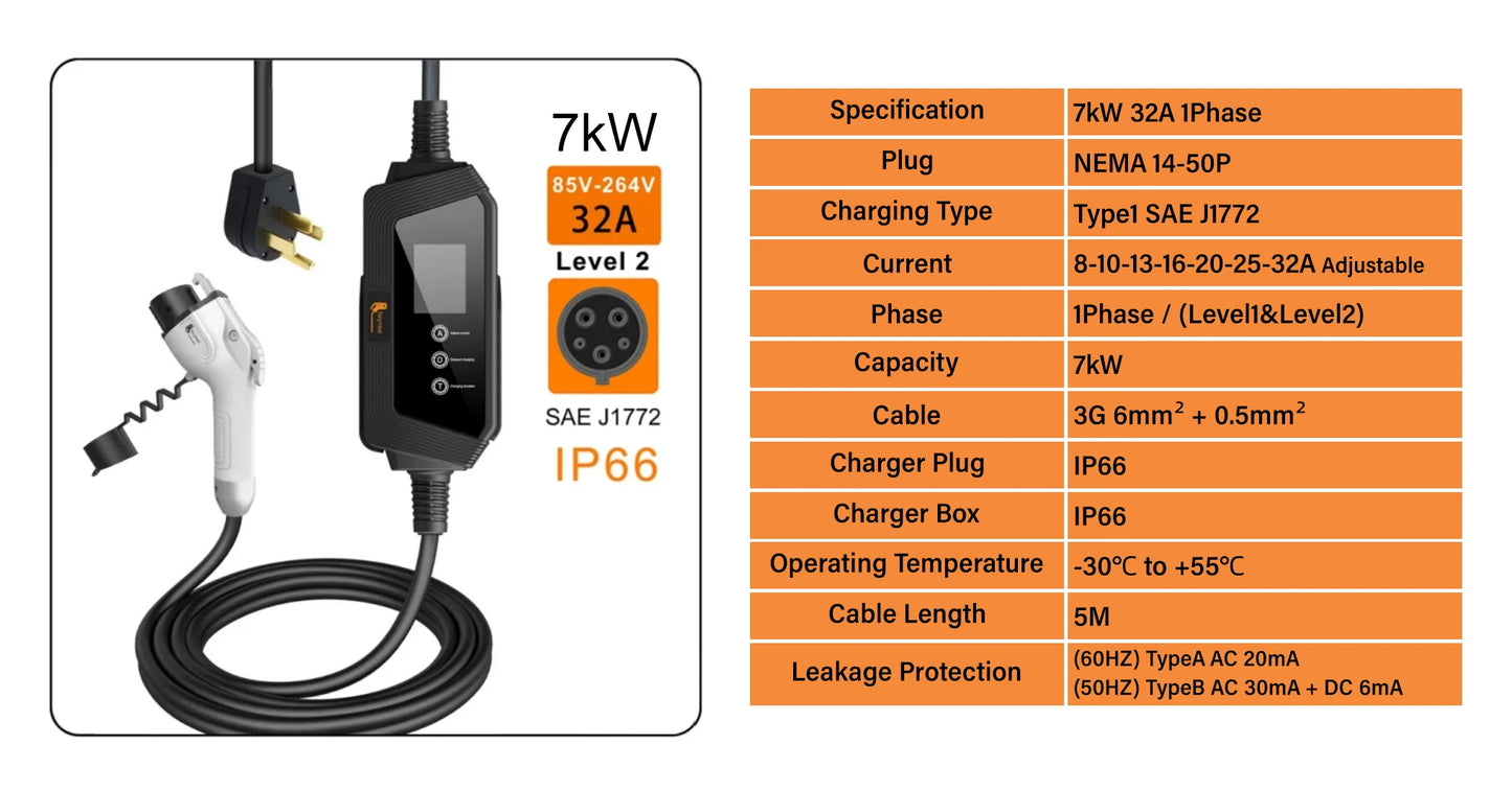 7kW Portable EV Charger Level 2 J1772 Electric Vehicle Charging Cable 32A