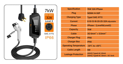 7kW Portable EV Charger Level 2 J1772 Electric Vehicle Charging Cable 32A