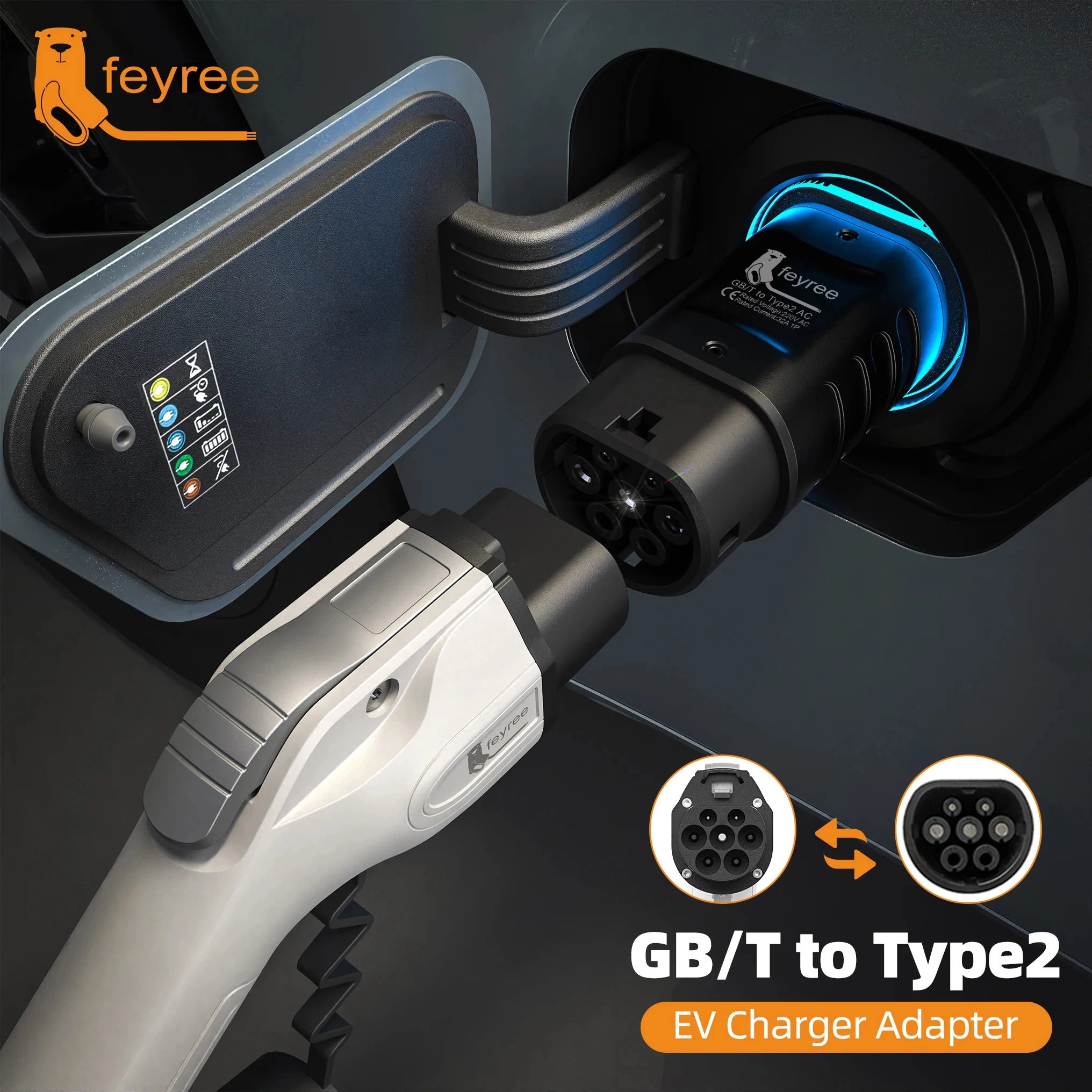 GB/T to Type 2 EV Charging Adapter - 32A Fast Charger Converter - 10