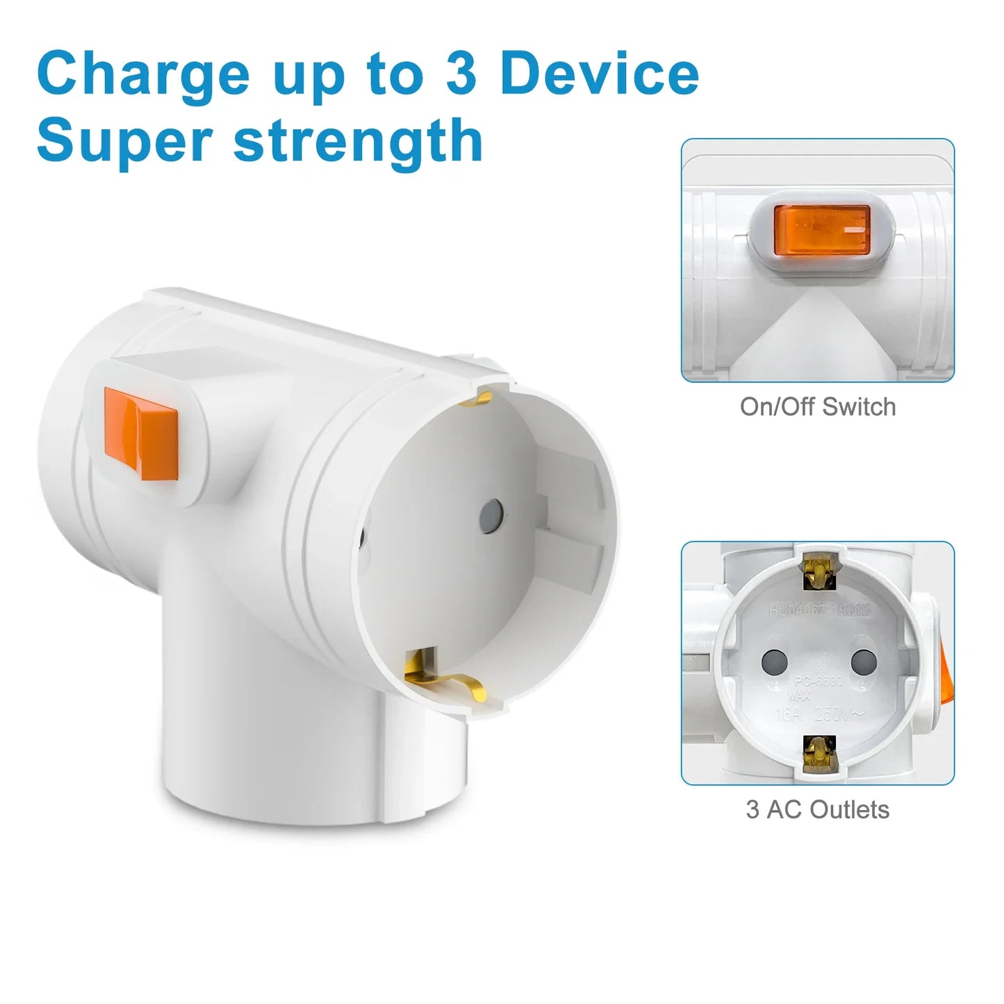 3-Way EU Plug Adapter - 250V 16A Power Socket Extender for Home & Travel