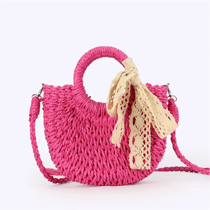 Luxury Lace Bow Straw Bag
