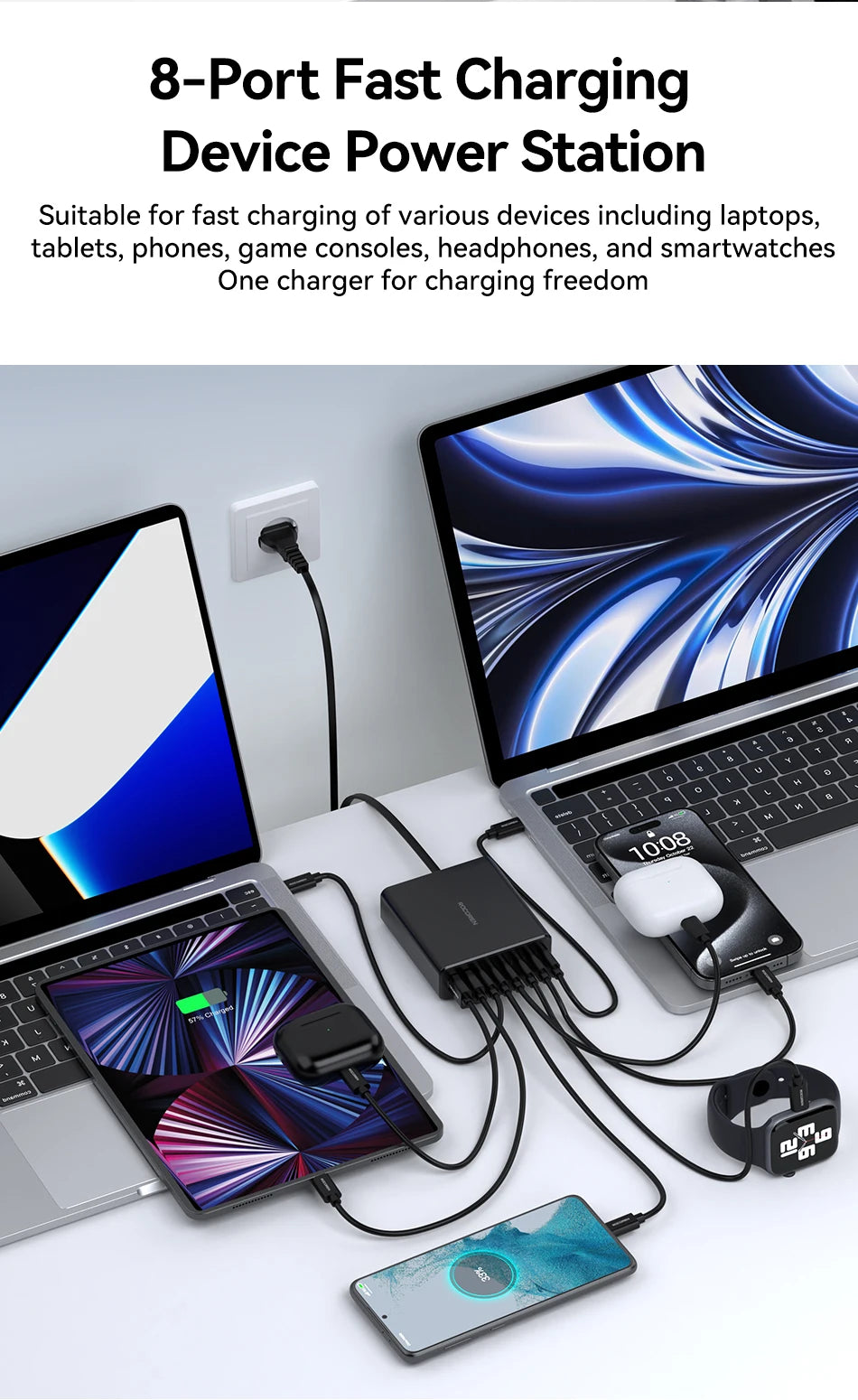 200W 8-Port USB-C Desktop Fast Charging Station for Laptops & Phones - 11