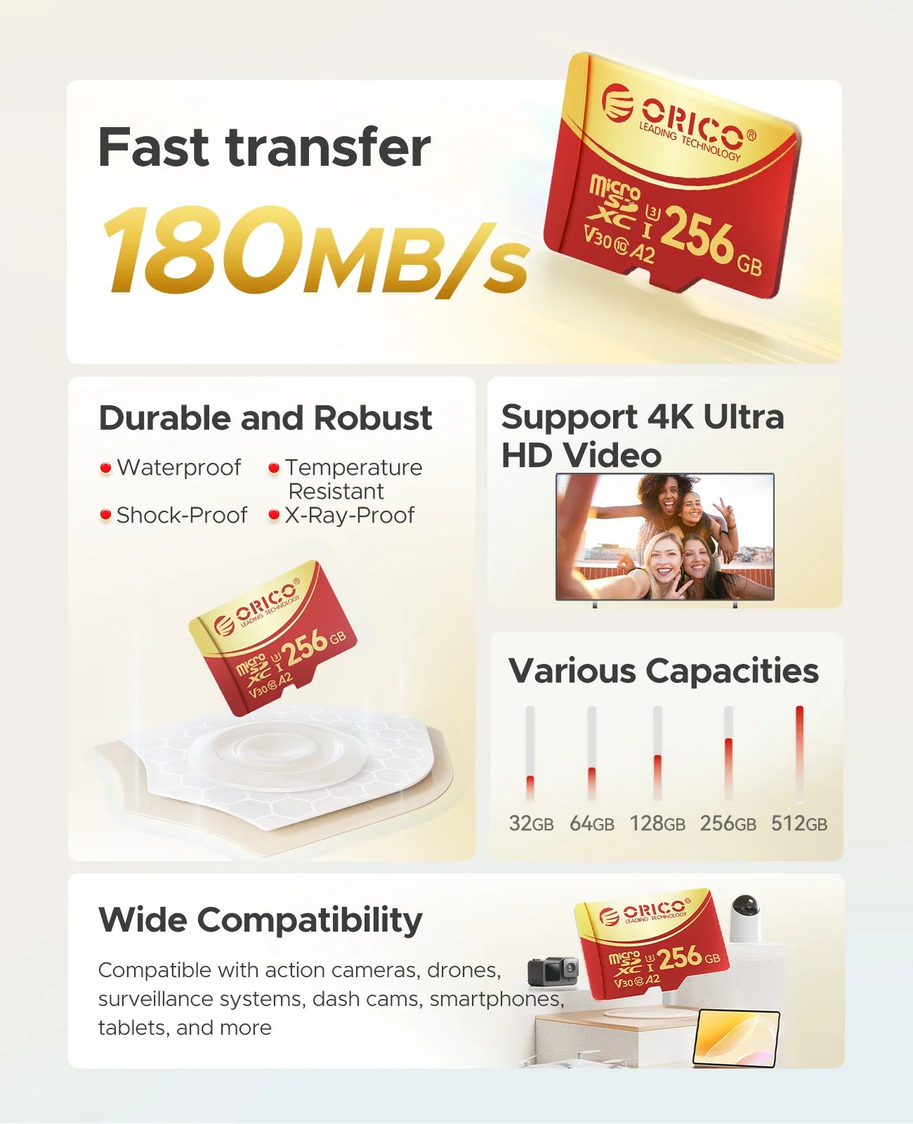 ORICO 256GB Micro SD Card - Ultra-Fast 4K UHD V30 Memory for Dash Cams & Drones