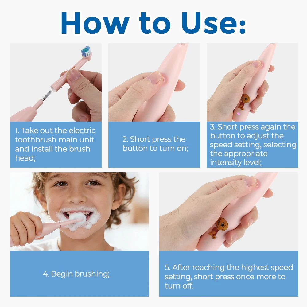 Kids Rechargeable Electric Toothbrush with 4 Replacement Heads & Timer - 14