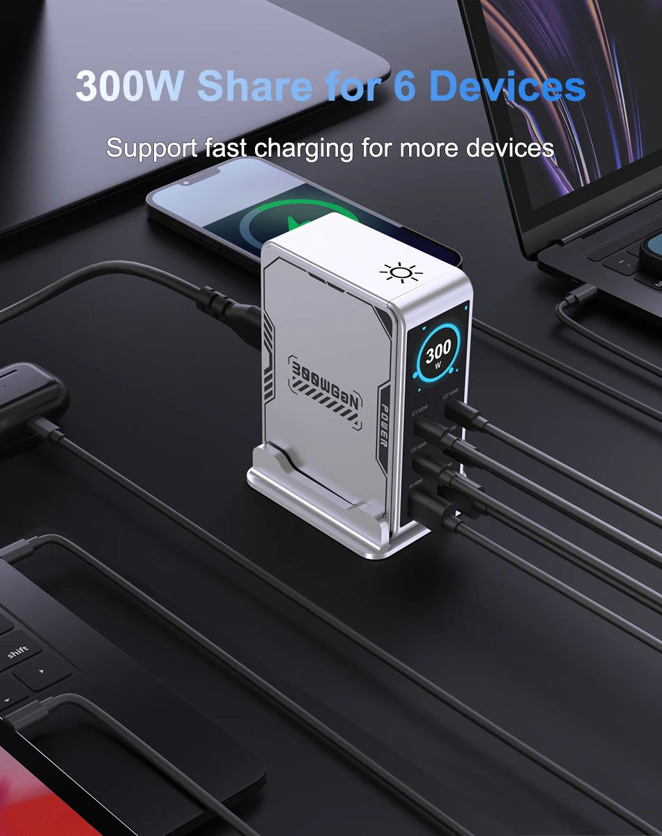 300W GaN 6-Port Desktop Fast Charger Station with Digital Display