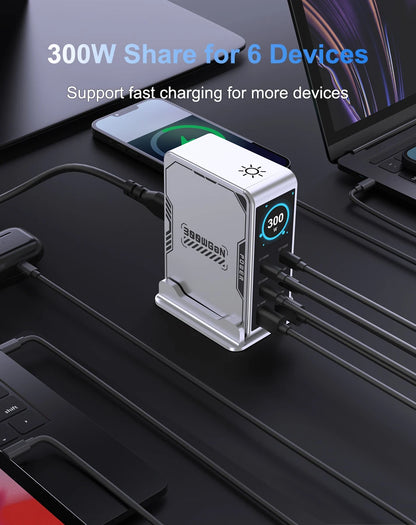 300W GaN 6-Port Desktop Fast Charger Station with Digital Display