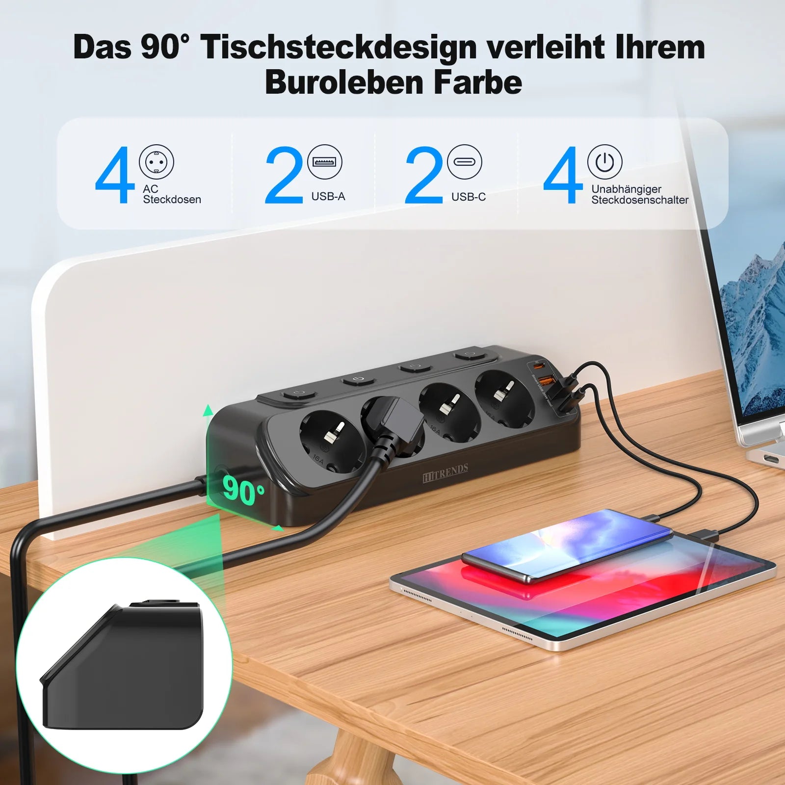 Desktop Power Strip with USB-C Fast Charging & 4 Individual Switches - 8