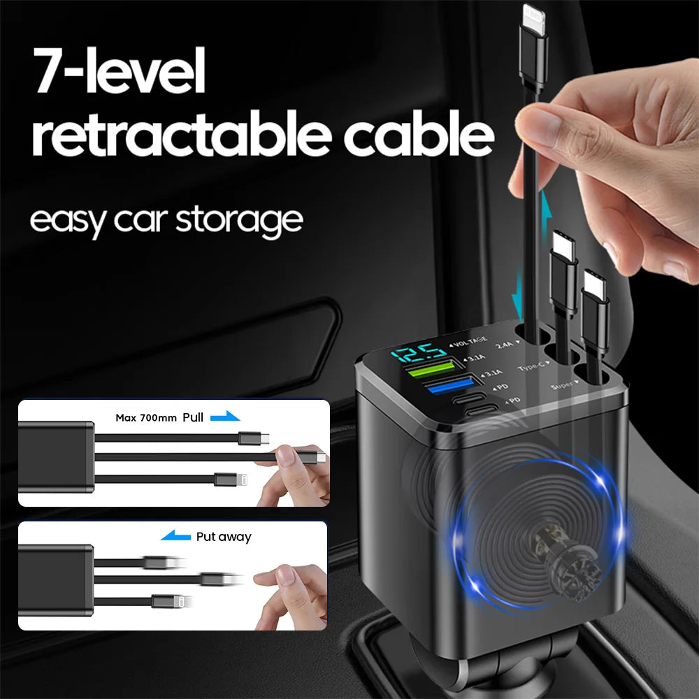 7-in-1 Retractable Fast Car Charger with Digital Display - 120W PD Adapter - 2