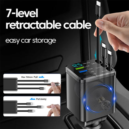 7-in-1 Retractable Fast Car Charger with Digital Display - 120W PD Adapter