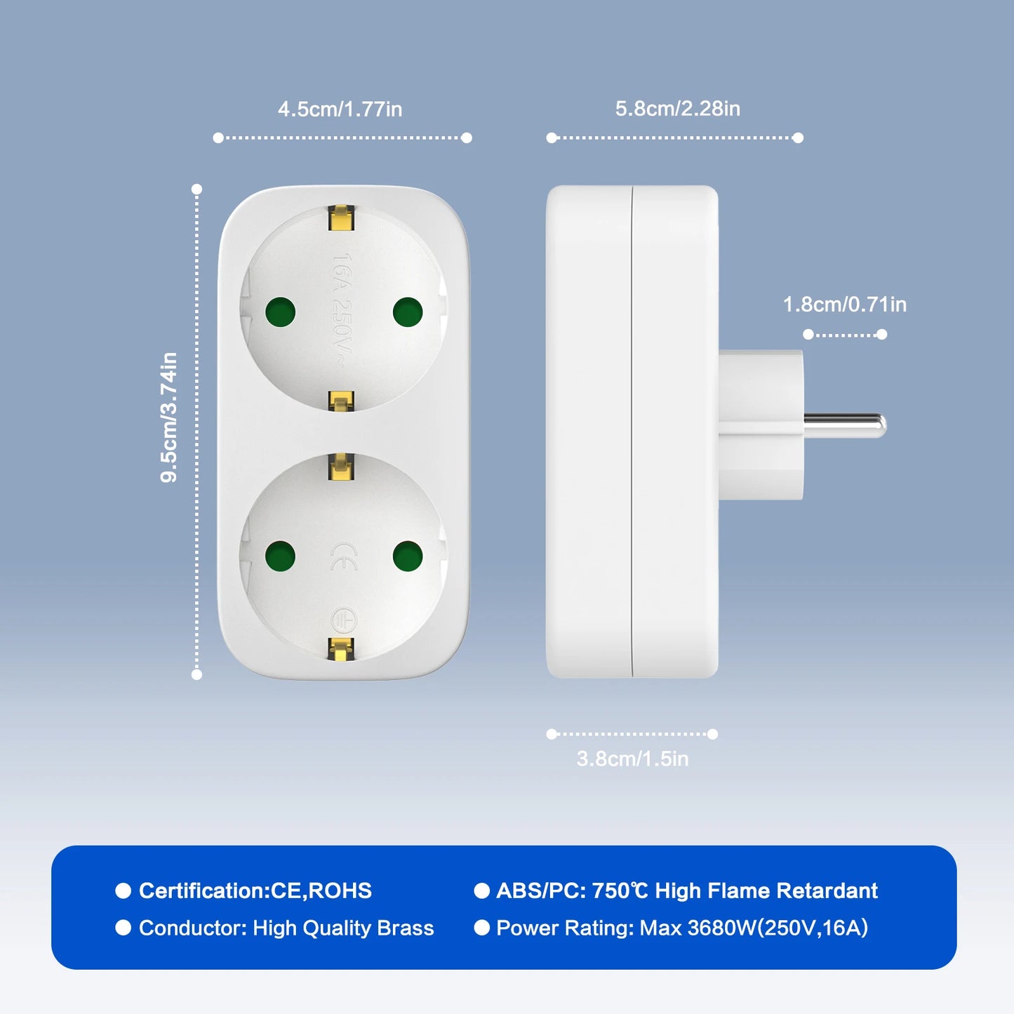 European 2-Way Wall Socket Adapter 16A 3680W Compact Travel Power Plug