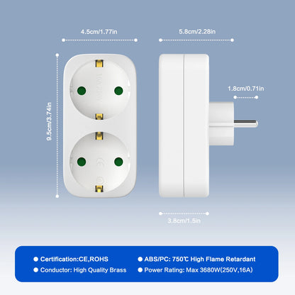 European 2-Way Wall Socket Adapter 16A 3680W Compact Travel Power Plug