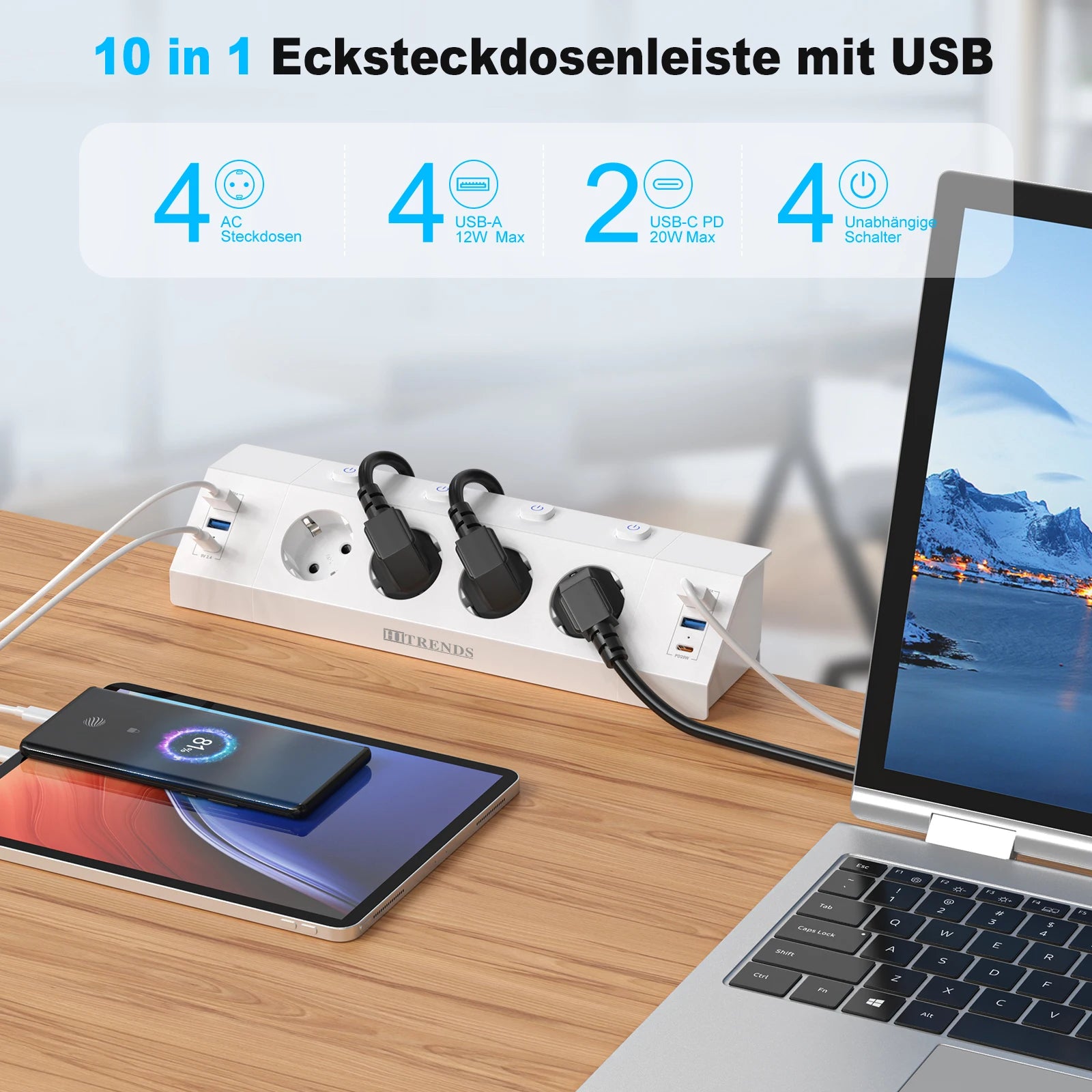 EU Desk Clamp Power Strip with 4 USB Ports, 2 USB-C & Surge Protection - 2
