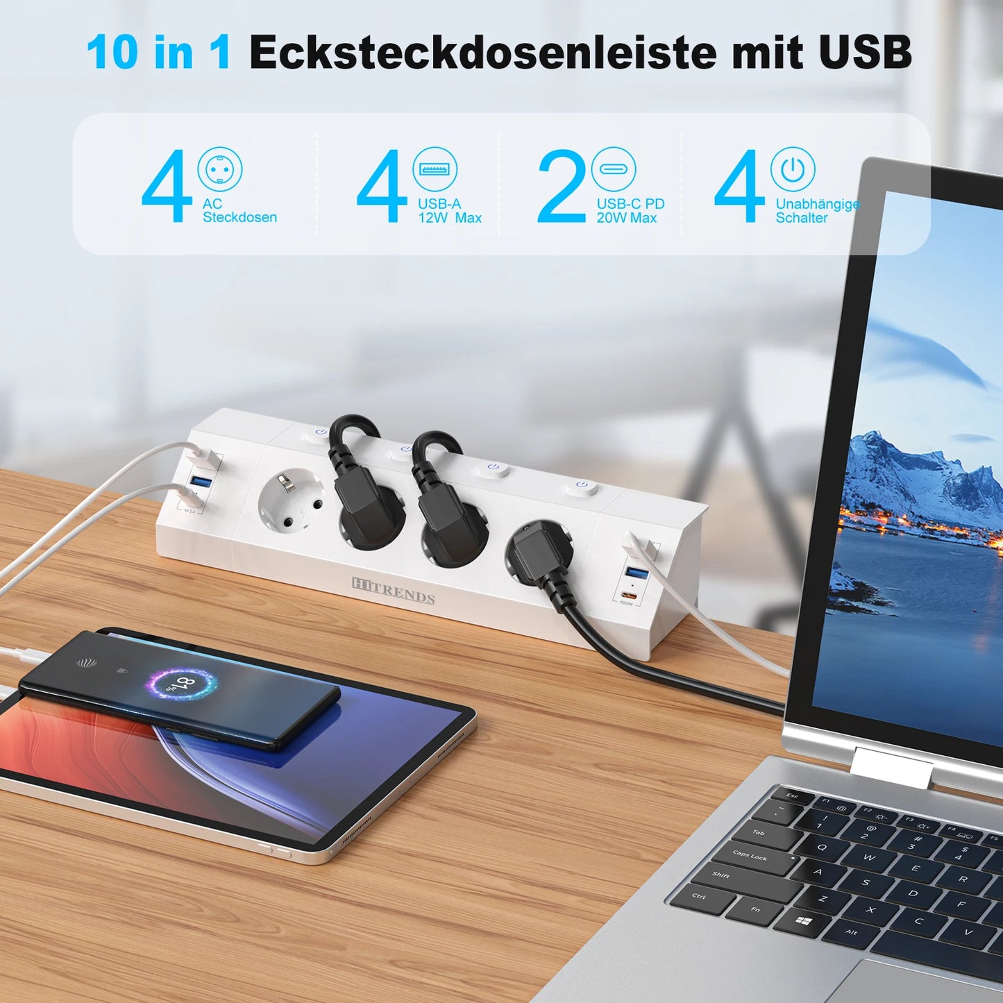 EU Desk Clamp Power Strip with 4 USB Ports, 2 USB-C & Surge Protection