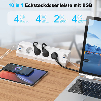 EU Desk Clamp Power Strip with 4 USB Ports, 2 USB-C & Surge Protection